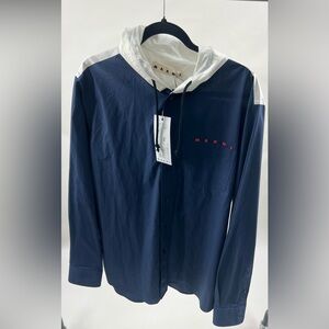 Marni Navy and White Hooded Shirt